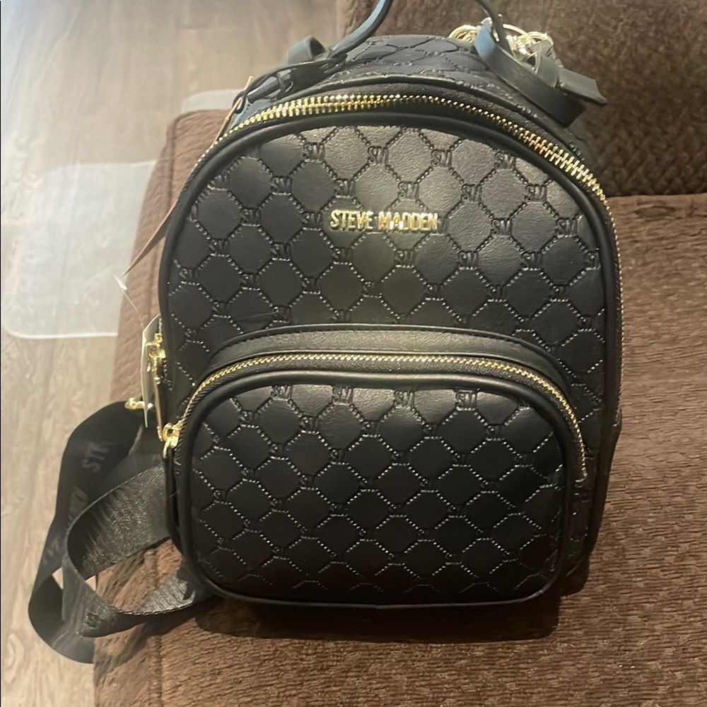 Steve Madden Quilted Black Backpack with Gold Accents